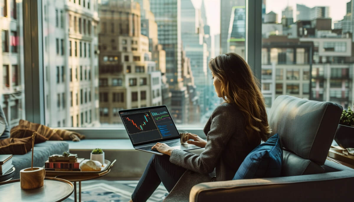 窓から都市の景色を一望できるオフィスでラップトップを広げて仮想通貨取引をしている女性