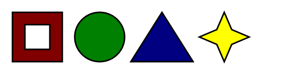 中空の赤い長方形、緑の円、青い三角形、黄色い四芒星